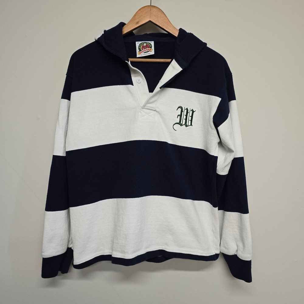 Barbarian Striped Rugby Hoodie Mens XS Navy White Cotton Williston Preppy Hooded
